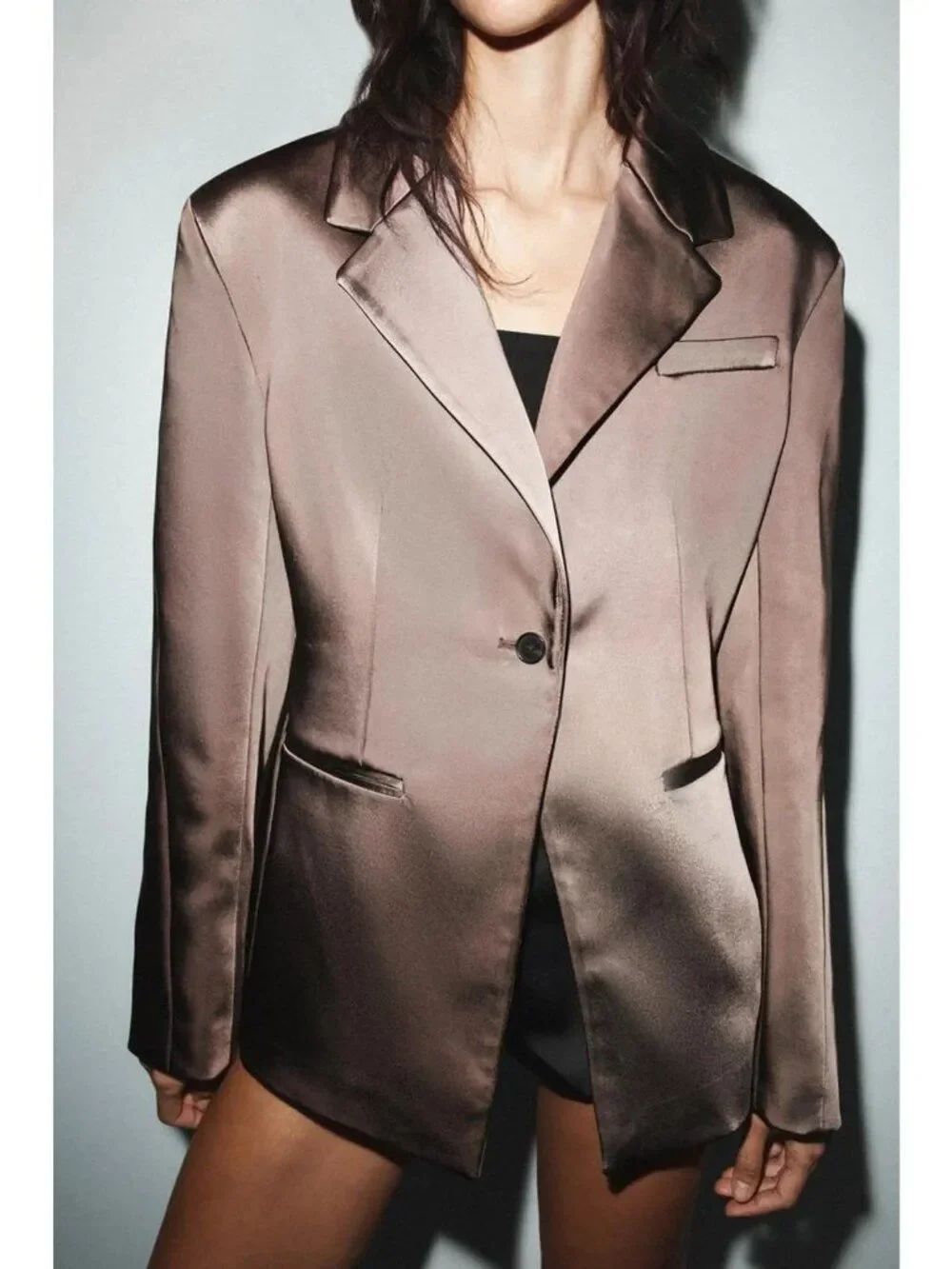 Zara Womens Blazer Suit Jacket S Brown Satin effect Open Back 1255/782 NWOT